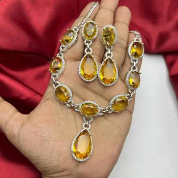 yellow gemstone necklace and earrings set | silver plated cubic zirconia jewellery 3