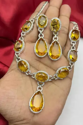 yellow gemstone necklace and earrings set | silver plated cubic zirconia jewellery