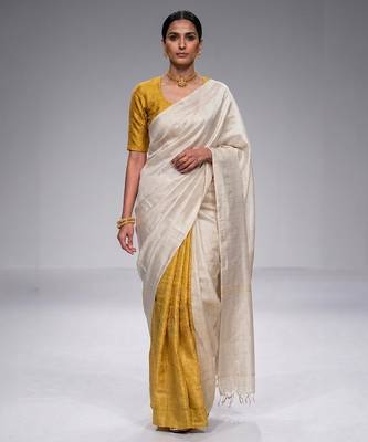 Off White Mustard Matka Silk Saree Set 1