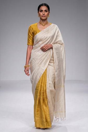 Off White Mustard Matka Silk Saree Set