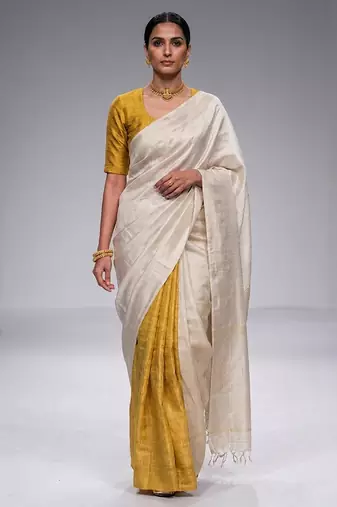 Off White Mustard Matka Silk Saree Set