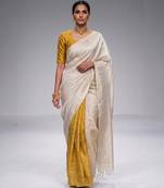 Off White Mustard Matka Silk Saree Set