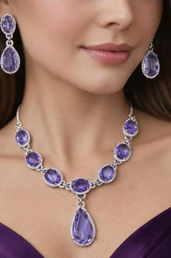 amethyst cz bridal jewellery set  silver wedding necklace & earrings