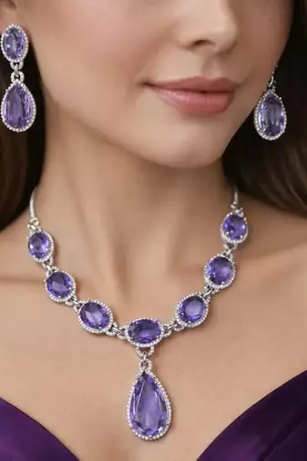 amethyst cz bridal jewellery set | silver wedding necklace & earrings