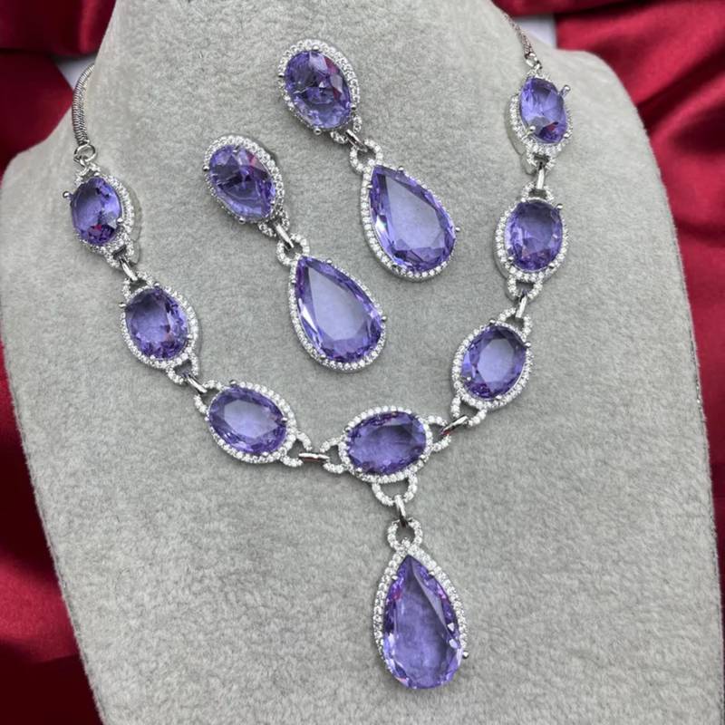 amethyst cz bridal jewellery set  silver wedding necklace & earrings