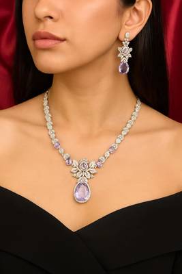 silver plated purple crystal necklace and earrings set  bridal jewellery 1