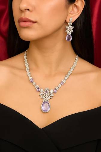 silver plated purple crystal necklace and earrings set  bridal jewellery