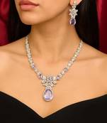 silver plated purple crystal necklace and earrings set  bridal jewellery