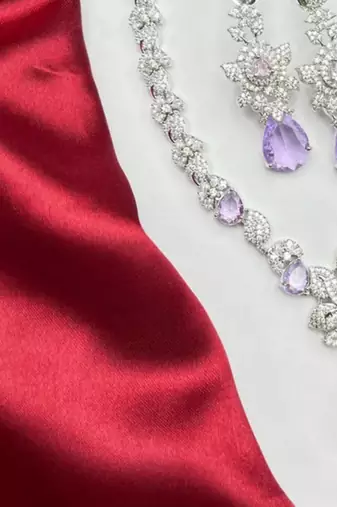 silver plated purple crystal necklace and earrings set | bridal jewellery