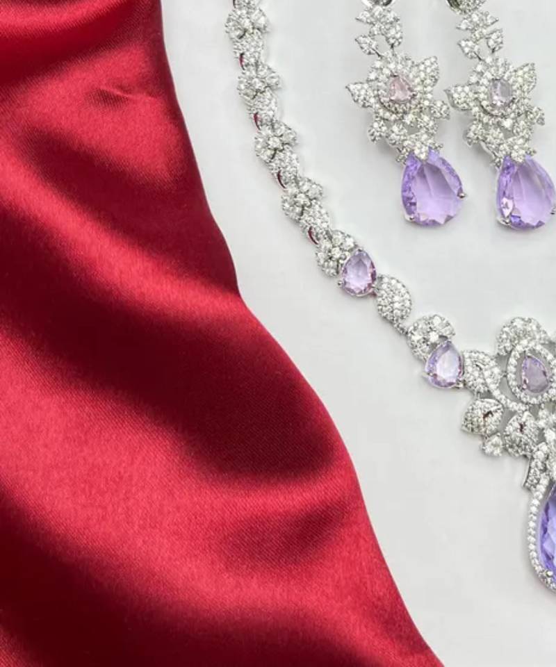 silver plated purple crystal necklace and earrings set  bridal jewellery