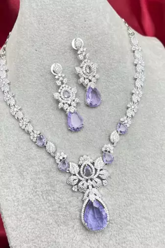 silver plated purple crystal necklace and earrings set | bridal jewellery
