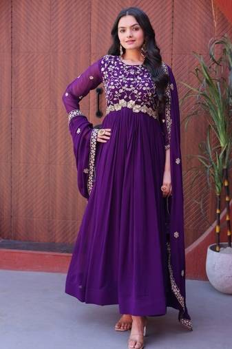 Purple zari & sequins embroidered blooming anarkali with dupatta