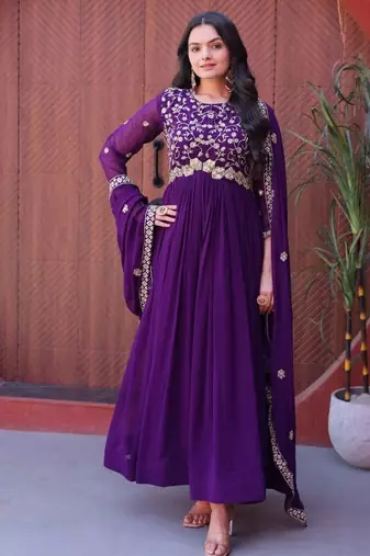 Purple zari & sequins embroidered blooming anarkali with dupatta