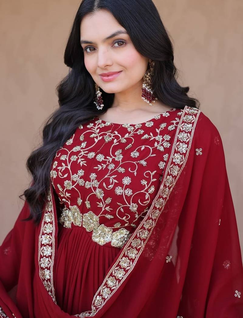 Maroon zari & sequins embroidered blooming anarkali with dupatta