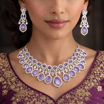 amethyst cubic zirconia bridal jewellery set necklace, earrings, maang tika 1