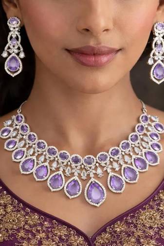 amethyst cubic zirconia bridal jewellery set necklace, earrings, maang tika