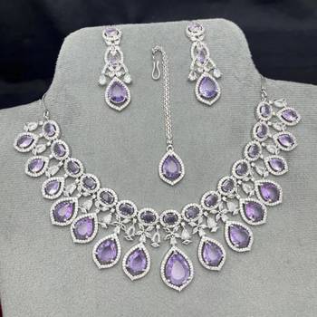 amethyst cubic zirconia bridal jewellery set necklace, earrings, maang tika 2