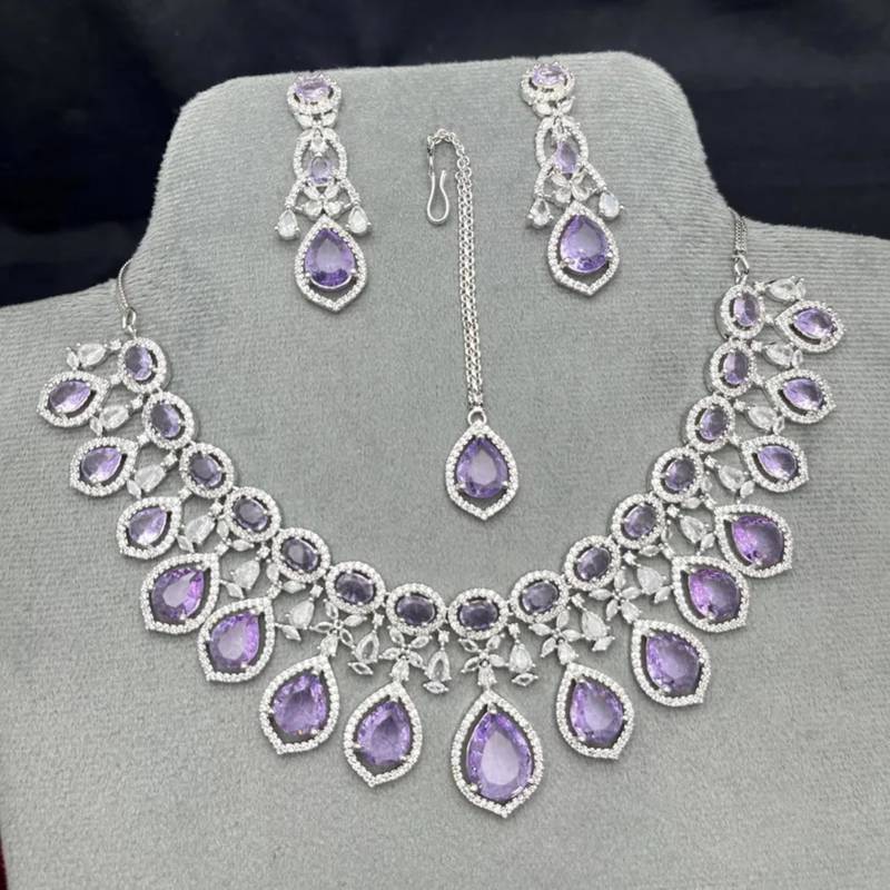 amethyst cubic zirconia bridal jewellery set necklace, earrings, maang tika