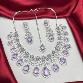 amethyst cubic zirconia bridal jewellery set necklace, earrings, maang tika 3
