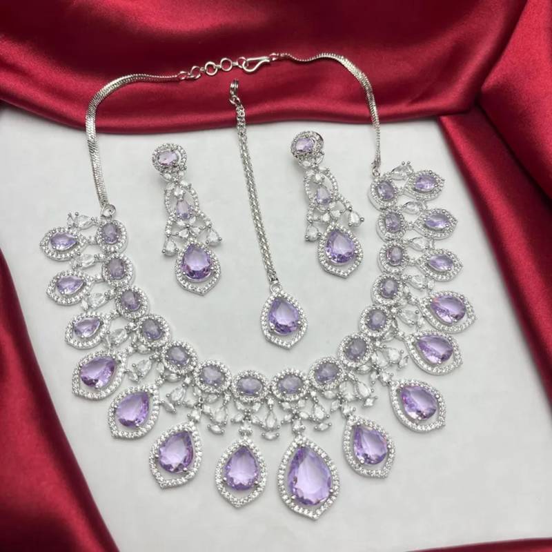 amethyst cubic zirconia bridal jewellery set necklace, earrings, maang tika