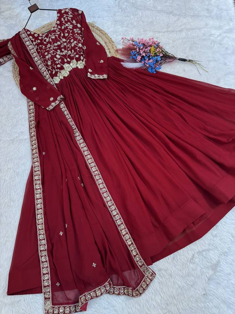 Maroon zari & sequins embroidered blooming anarkali with dupatta