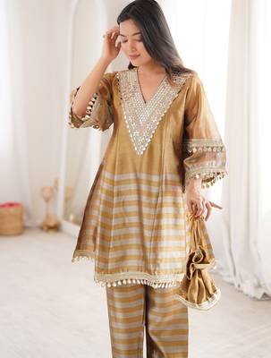 Antique gold coding & mirror work tissue peplum kurta set 2