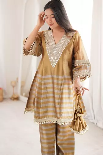 Antique gold coding & mirror work tissue peplum kurta set