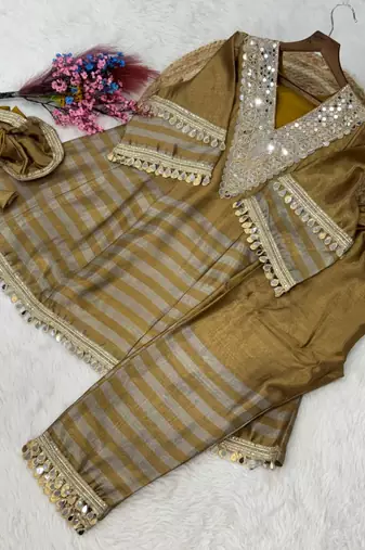 Antique gold coding & mirror work tissue peplum kurta set