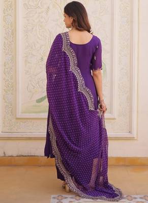Purple beads & thread work mul chanderi kurti set 3