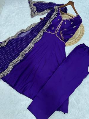 Purple beads & thread work mul chanderi kurti set 4