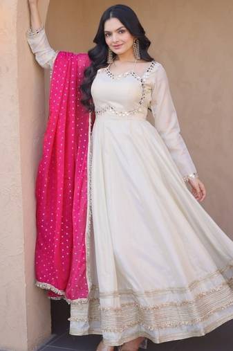 Off white mirror & zari work cosmos anarkali with pink dupatta