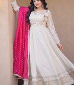 Off white mirror & zari work cosmos anarkali with pink dupatta