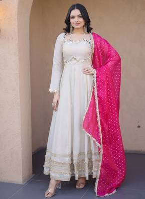 Off white mirror & zari work cosmos anarkali with pink dupatta 2