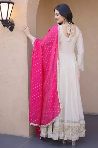 Off white mirror & zari work cosmos anarkali with pink dupatta