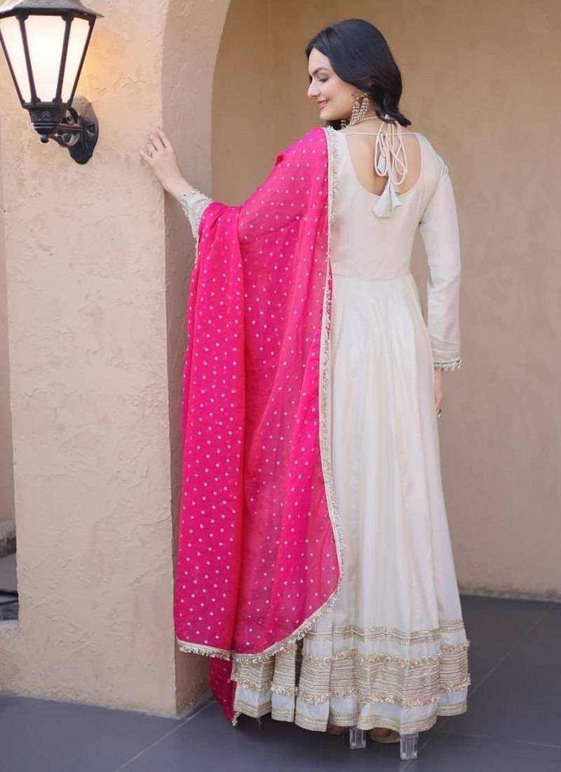 Off white mirror & zari work cosmos anarkali with pink dupatta