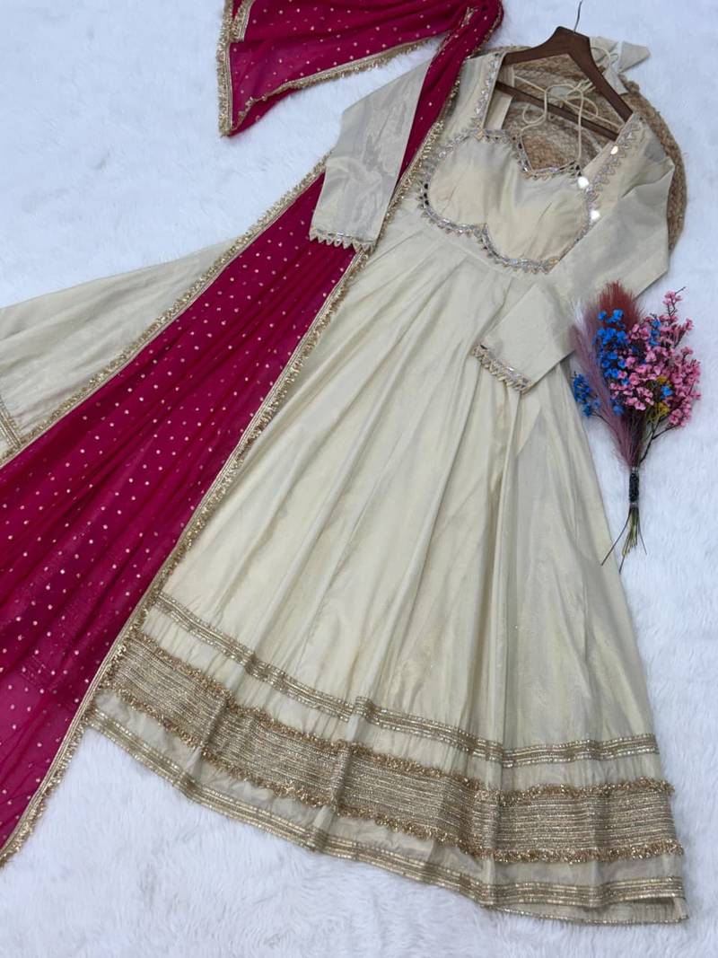Off white mirror & zari work cosmos anarkali with pink dupatta