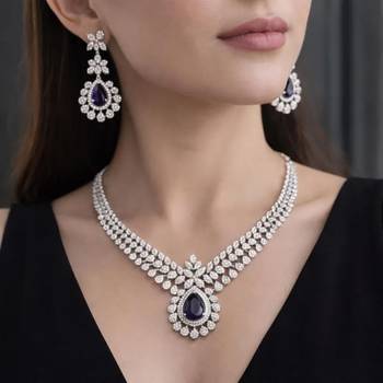 deep purple teardrop amethyst crystal jewellery set, silver plated cubic zirconia necklace earrings 1