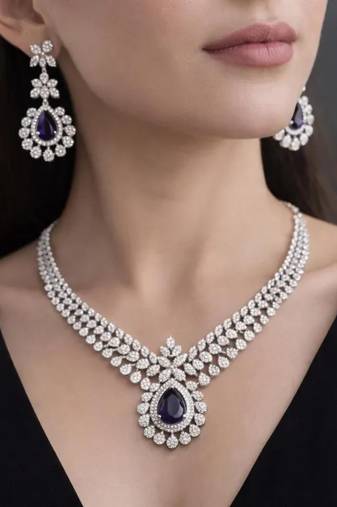 deep purple teardrop amethyst crystal jewellery set, silver plated cubic zirconia necklace earrings
