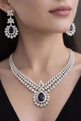 deep purple teardrop amethyst crystal jewellery set, silver plated cubic zirconia necklace earrings