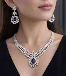deep purple teardrop amethyst crystal jewellery set, silver plated cubic zirconia necklace earrings