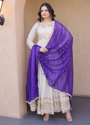 Off white mirror & zari work cosmos anarkali with purple dupatta 1