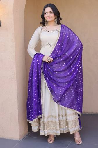 Off white mirror & zari work cosmos anarkali with purple dupatta