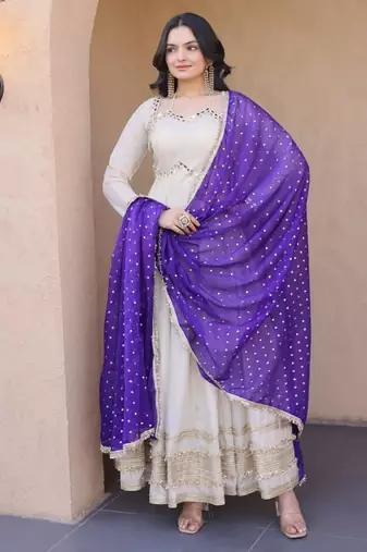 Off white mirror & zari work cosmos anarkali with purple dupatta