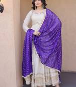 Off white mirror & zari work cosmos anarkali with purple dupatta