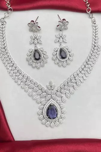 deep purple teardrop amethyst crystal jewellery set, silver plated cubic zirconia necklace earrings
