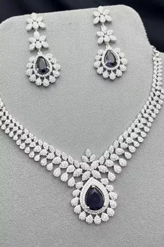 deep purple teardrop amethyst crystal jewellery set, silver plated cubic zirconia necklace earrings