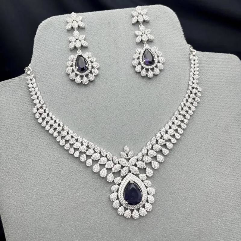 deep purple teardrop amethyst crystal jewellery set, silver plated cubic zirconia necklace earrings