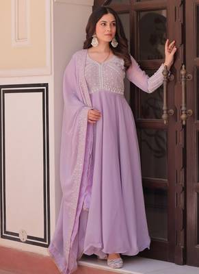 Lavender embroidered georgette gown with dupatta 1