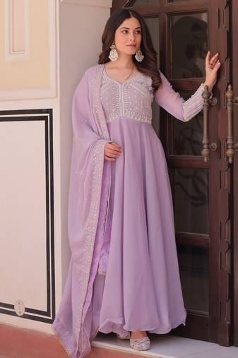 Lavender embroidered georgette gown with dupatta