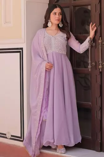 Lavender embroidered georgette gown with dupatta